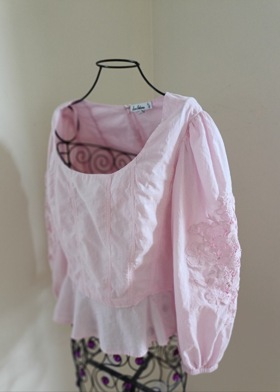 Sam Edelman Lace Detail 3/4 Sleeve Peplum Cotton Blouse Back Zipper siz L Pink - Picture 2 of 16